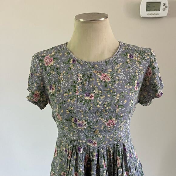 Vtg Blue Ditsy Floral Print Cottagecore Prairie Granny Maxi Dress Wmns M - Picture 3 of 12